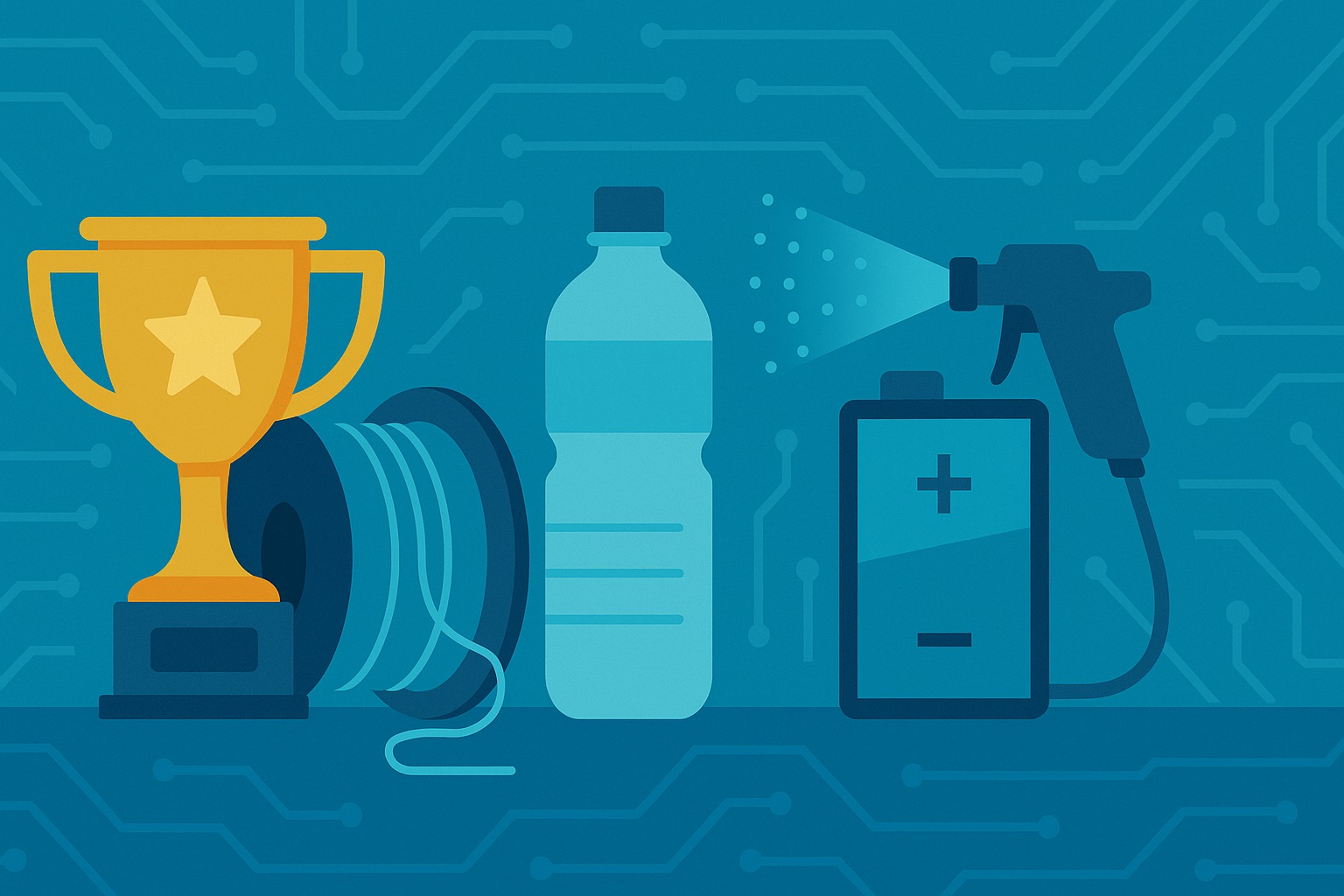 Illustration showcasing Oboro Labs innovations: printable wire for electronics, non-leaching water bottles, aerospace coatings, battery components, and an award symbolizing excellence — set on a cool-toned tech-themed background.